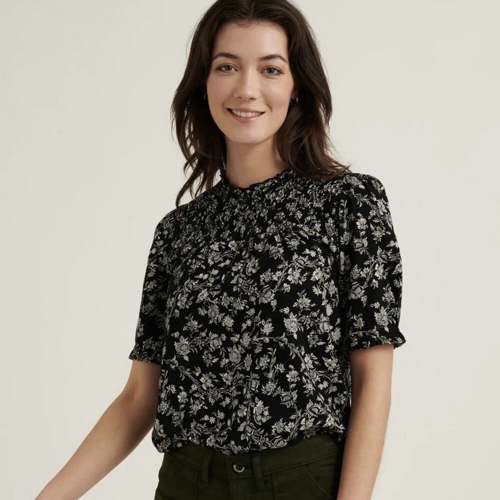 Lucky Brand Black White Floral Peasant Top M High Neck Puff Sleeve Witchy 90s